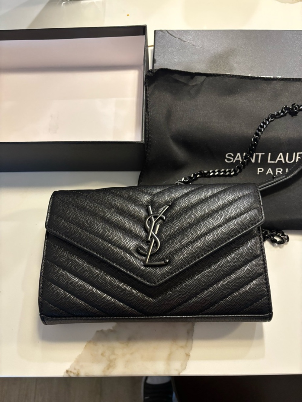 Black Chevron Envelope Wallet on Chain – Leather Crossbody – Box & Dust Bag